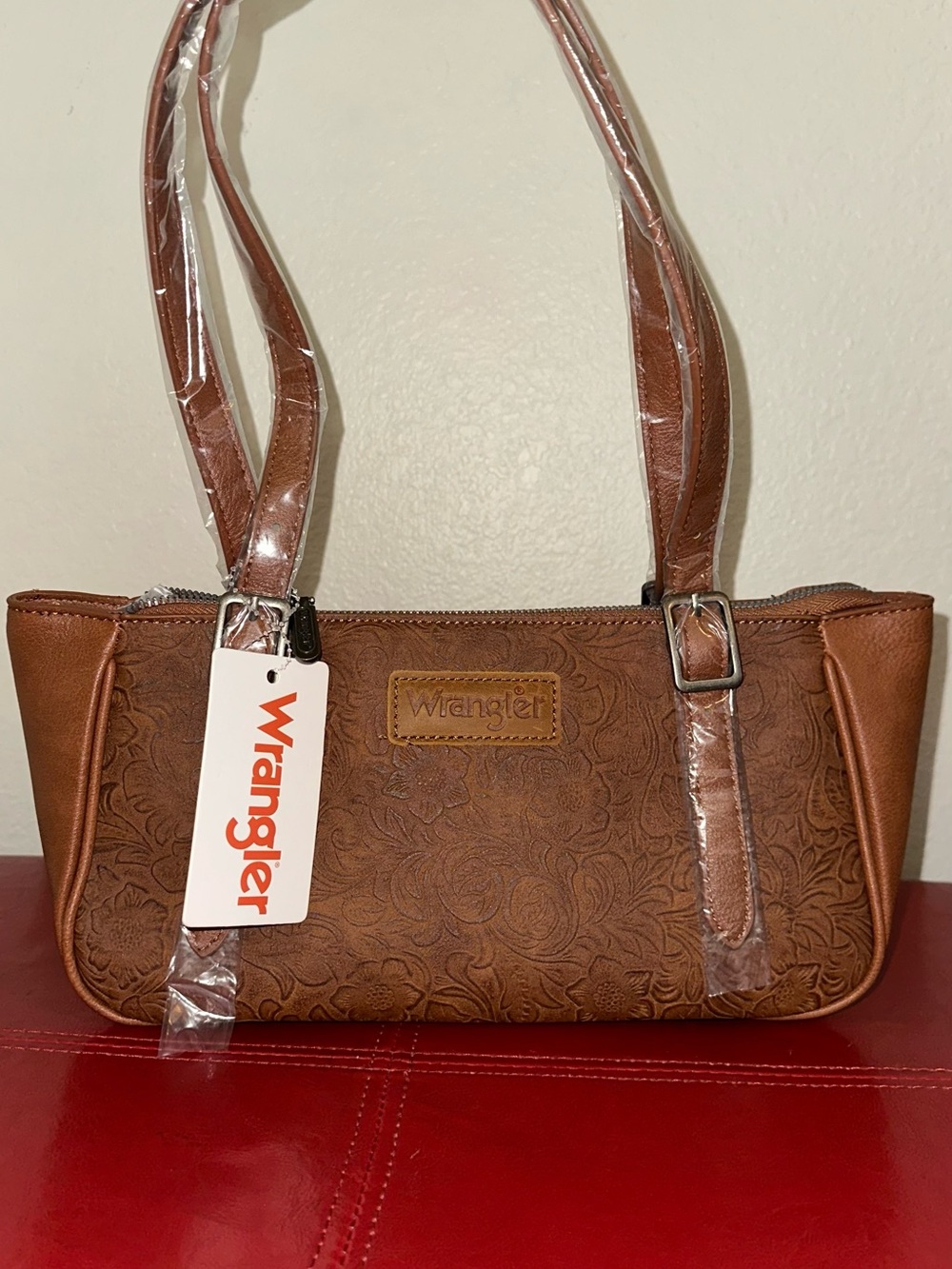 Wrangler Brown Floral-Embossed Leather Shoulder Bag